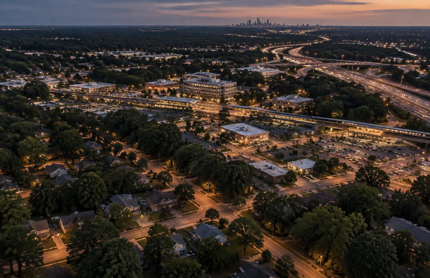 Aerial view of Chamblee, Georgia at dusk showing neighborhoods, the rail line and the interstate interchange